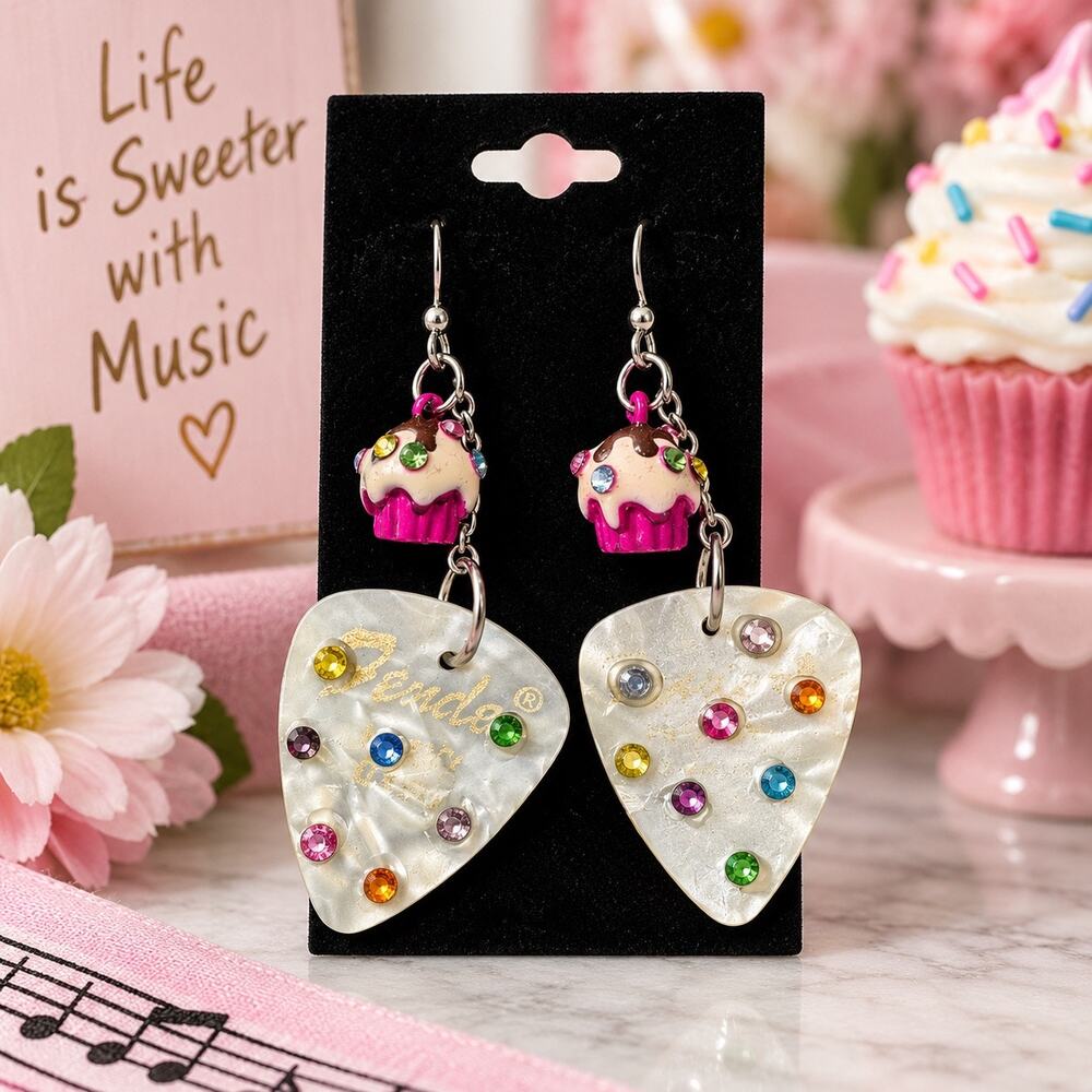 Handmade Fender Guitar Pick Cupcake Earrings Pearl Rhinestone Dangle Kawaii - Picture 1 of 7